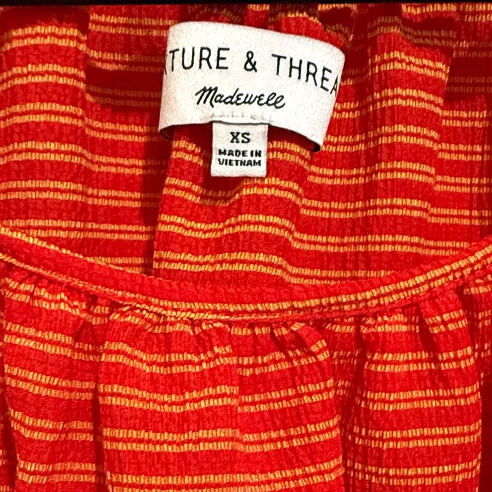 Madewell Red and Black Striped Puff Sleeve Blouse Casual stylish Vacation Ready